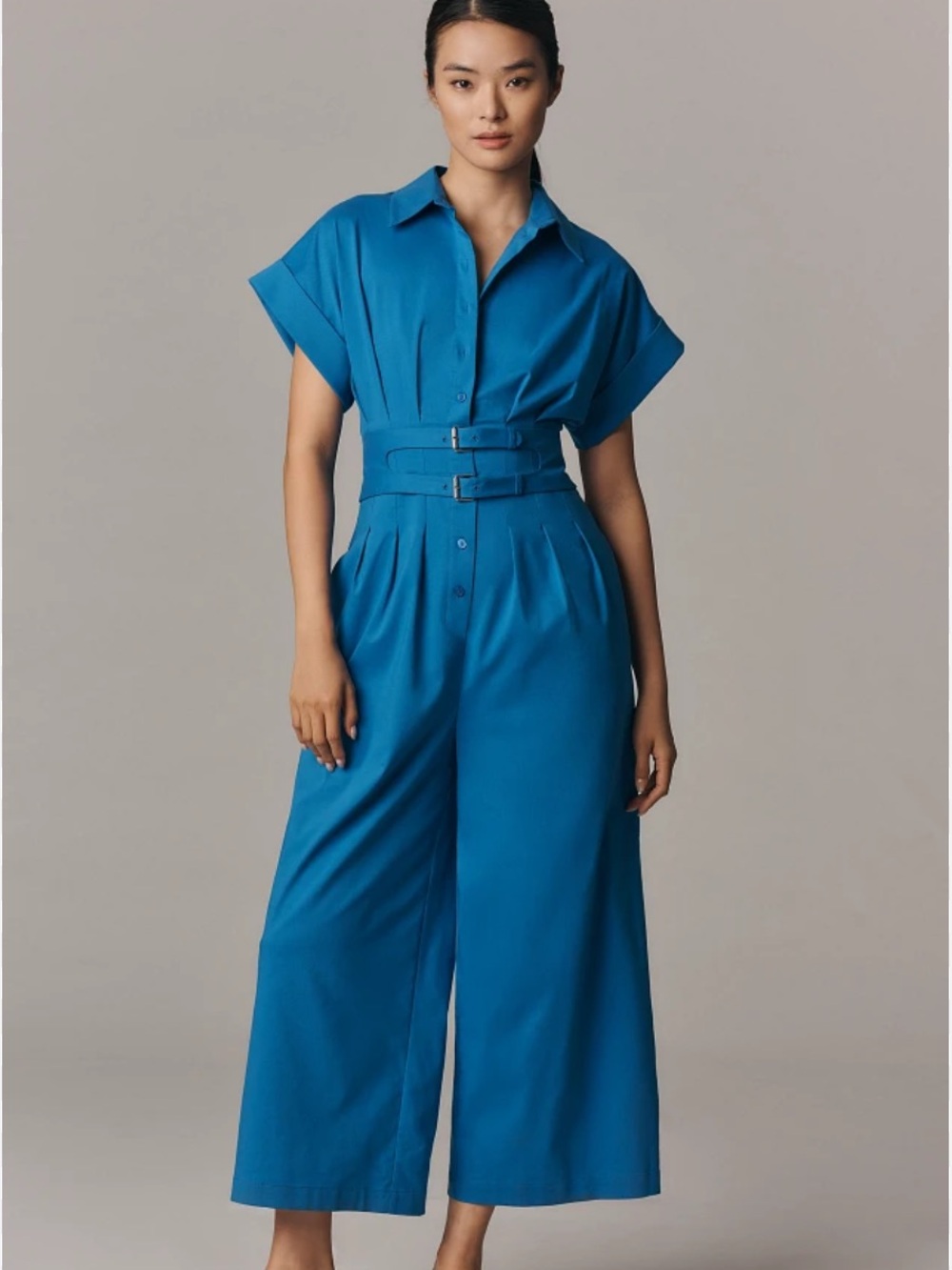 Anthropologie NEW Exquise Tobi Pleated Jumpsuit The Belted Edition Blue Women M